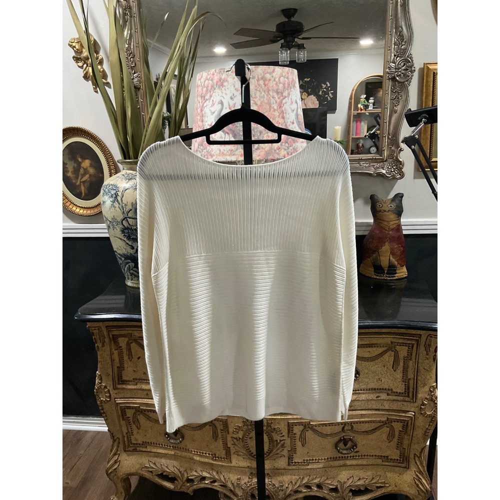 Lafayette 148 New York Cream Ribbed Knit Boat Neck Sweater Small KV15